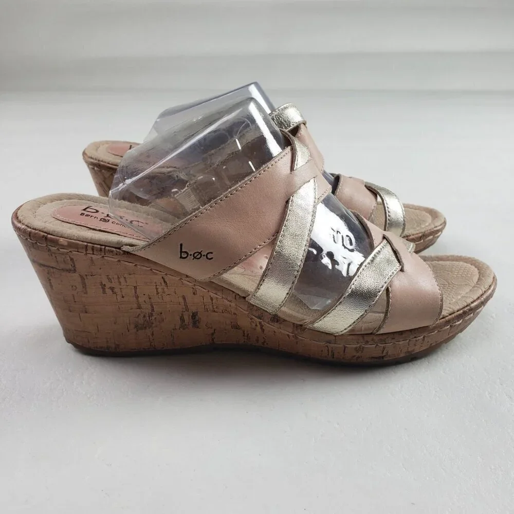 Born BOC Cork Wedge Sandal Womens 9 Brown Leather Open Toe Strappy Slip On